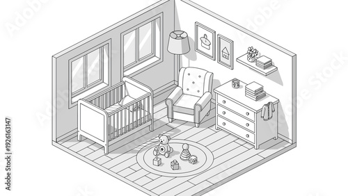 Isometric black and white outline drawing of a baby nursery room with a crib, armchair, and changing table, for interior design.