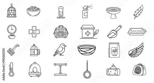 Pet Care & Bird Accessories Line Icons Set