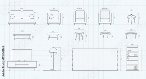 Detailed furniture design blueprints showcasing dimensions and structural elements for construction.
