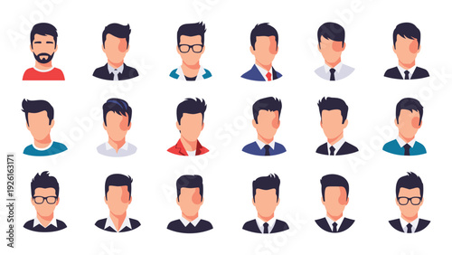 Diverse collection of male avatar icons with various hairstyles and clothing, representing different men for user profiles.