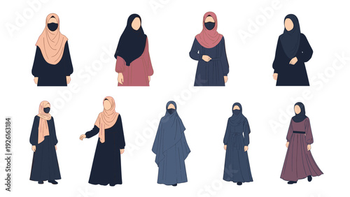 Diverse group of Muslim women wearing hijabs and traditional abayas, representing cultural diversity and modesty in fashion.