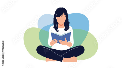 Woman sitting cross-legged and reading a book, representing education, relaxation, and the joy of learning, isolated on white.