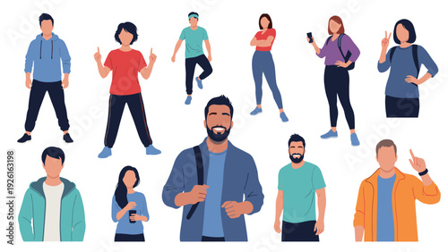 Diverse collection of flat design male and female characters in various poses and casual clothing, for user profiles or people sets.