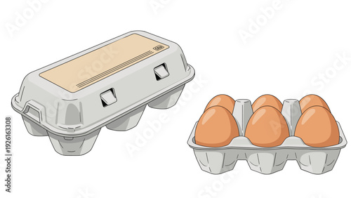 Two cardboard egg cartons, one closed and one open with six brown eggs, representing food, dairy, and breakfast ingredients.