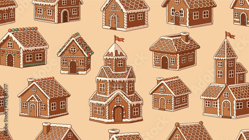 Seamless pattern of various gingerbread houses decorated with white icing and candy, for Christmas and winter holiday celebrations.