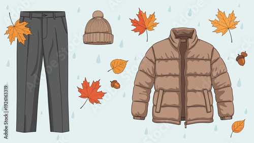 Autumn season clothing with a puffer jacket, pants, and beanie hat, surrounded by falling leaves and raindrops, for cold weather.