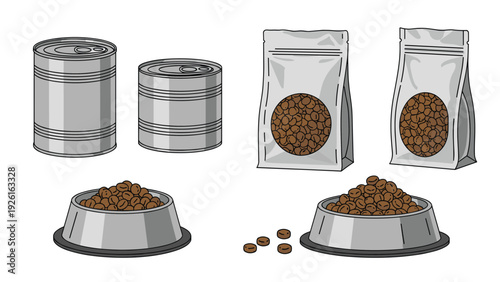Various pet food containers including cans and bags of dry kibble, along with bowls, for animal nutrition and care.