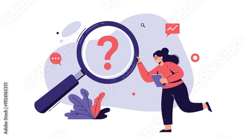 Woman with a giant magnifying glass searching for answers or solutions to questions, illustrating research, analysis, and problem-solving.