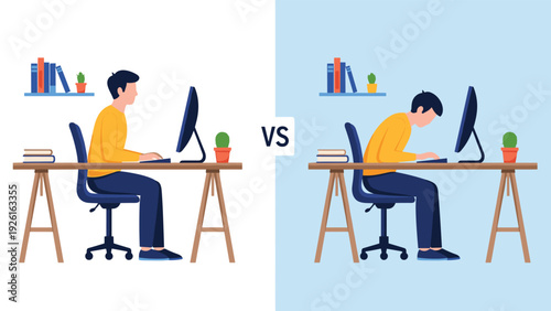 Comparison of good versus bad ergonomic posture while working at a computer, highlighting health and workplace comfort.