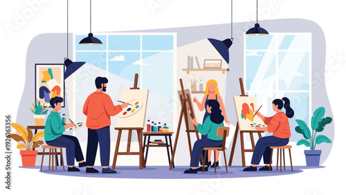 Group of artists attending an art class, painting on easels with brushes and palettes, fostering creativity and artistic expression.