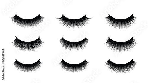 Collection of various styles of artificial eyelashes, showcasing different lengths and volumes for beauty and makeup enhancement.