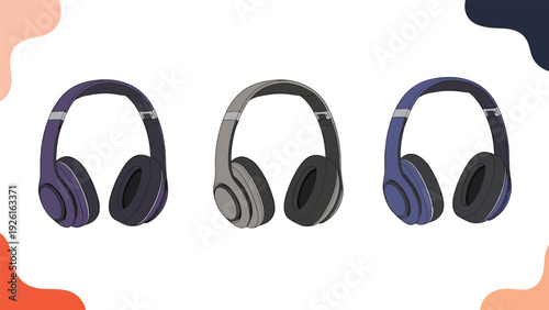 Three pairs of wireless over-ear headphones in different colors, representing audio, music, technology, and personal entertainment.