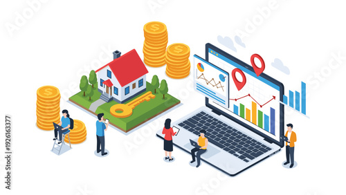 People analyzing real estate investment data and property values on a laptop with a house, key, and money stacks in an isometric view.