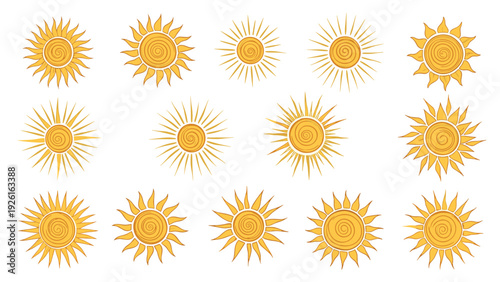 Diverse set of hand-drawn sun illustrations featuring various styles of rays and spiral centers, radiating warmth and light.