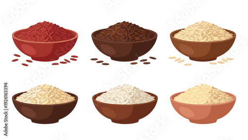 Assortment of different types of rice in bowls with scattered grains, including red, brown, white, and natural varieties.