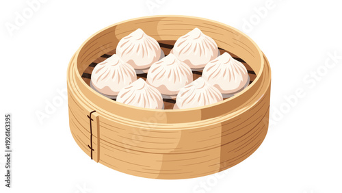 Traditional bamboo steamer basket filled with delicious and freshly prepared dim sum dumplings, a popular Asian cuisine.