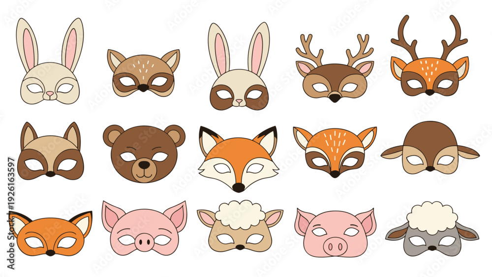 Naklejka premium Collection of various cute cartoon animal face masks including rabbit, deer, bear, fox, pig, and sheep for parties and dress-up.