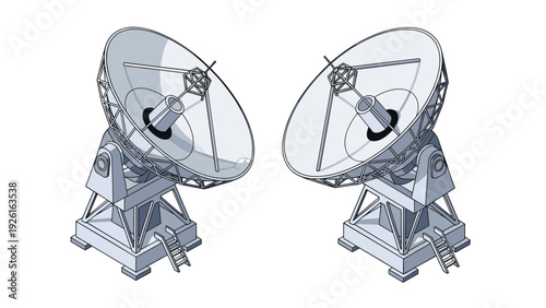Two isometric satellite dishes or radio telescopes, symbolizing communication, space exploration, and advanced technology.