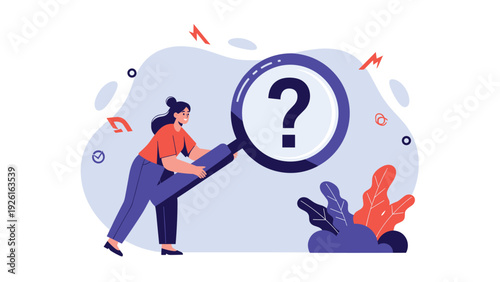 Woman holding a large magnifying glass with a question mark, symbolizing problem-solving, searching for answers, and inquiry.