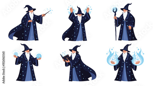 Mystical collection of wizards in various poses, casting spells, holding magical staffs, and reading ancient spellbooks.