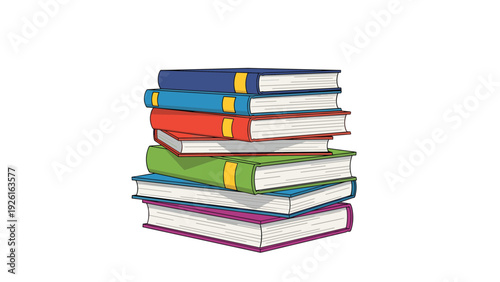 Tall stack of colorful books, symbolizing knowledge, education, reading, and the joy of exploring different stories and subjects.