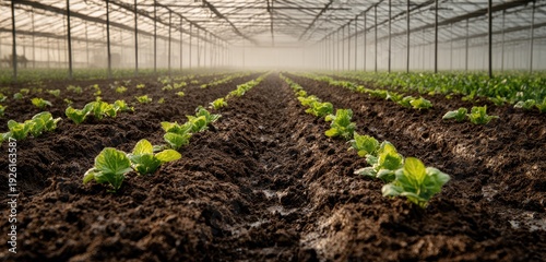 Rows of young lettuce plants growing in a large greenhouse with natural light filtering through the roof.