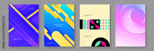 A diverse set of four trendy posters featuring bold stripes yellow capsules abstract icons and purple circles for modern branding and advertising