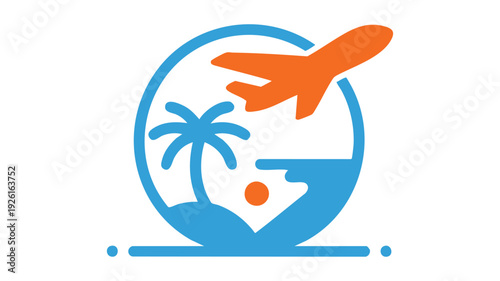 Airplane flying over a tropical island with a globe background