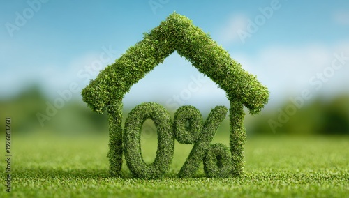 Green House Shape with 0 Percent Symbol on Lush Field.