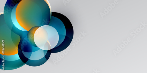 Abstract circles overlap, creating vibrant teal, orange hues. Gradient background transitions from black to gray. Modern design element.