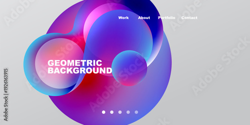 Abstract fluid shapes, vibrant colors, geometric design. Modern presentation with text elements, simple navigation options. Dark background enhances visual impact.