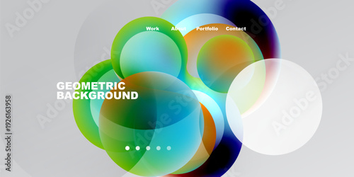 Abstract geometric shapes overlap, creating vibrant color gradients. Text labels indicate website sections work, about, portfolio, contact.