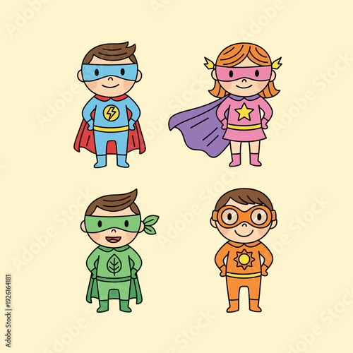Cute Superhero Kids Group Diverse Characters Cartoon Style