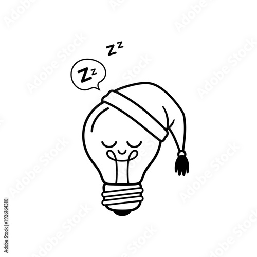 Cute Sleeping Light Bulb Character Wearing Nightcap, Zzz Symbol, Idea Concept
