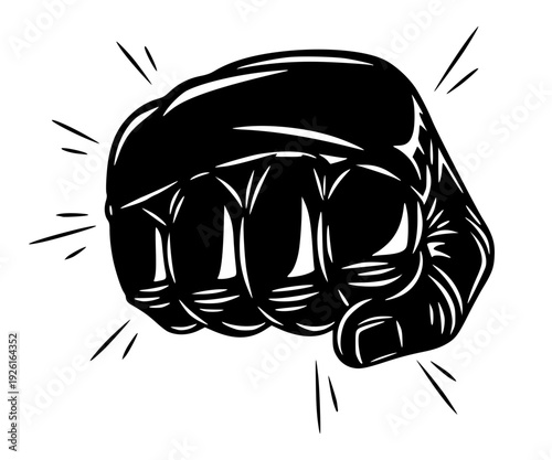 black  illustration of a clenched fist with action lines. This high-contrast graphic captures motion and impact, perfect for combat sports, martial arts