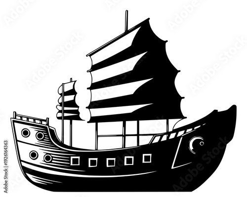 Traditional Chinese junk ship illustration in black and bold lines. Retro nautical vessel icon for maritime history, ocean travel, and oriental culture themes.