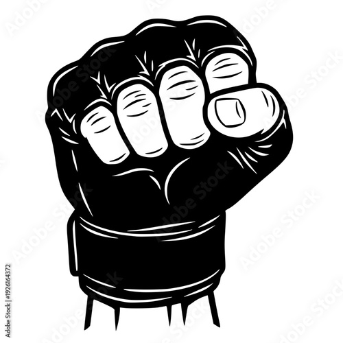 black  vector graphic of a clenched fist in an MMA glove. This bold illustration symbolizes strength and determination, ideal for combat sports, gym branding, and fitness motivation.