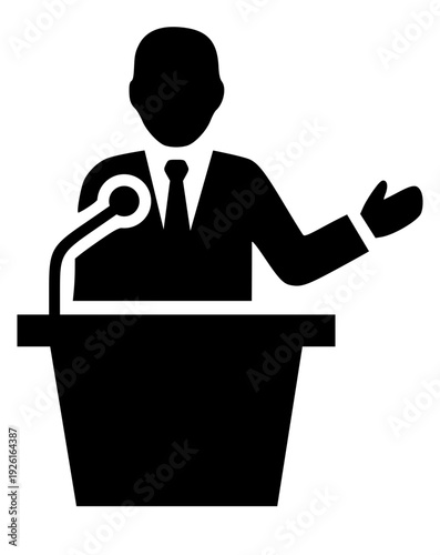 black silhouette of a businessman speaking at a podium with a microphone. Minimalist icon for public speaking, leadership, and presentations.