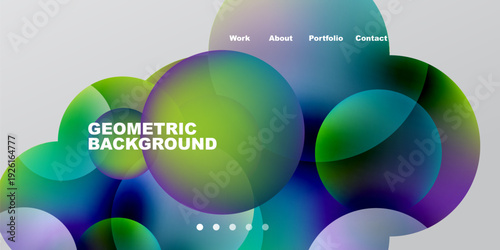 Abstract geometric shapes overlap, creating vibrant color gradients. Text labels display portfolio navigation options. Modern design elements present visual appeal.