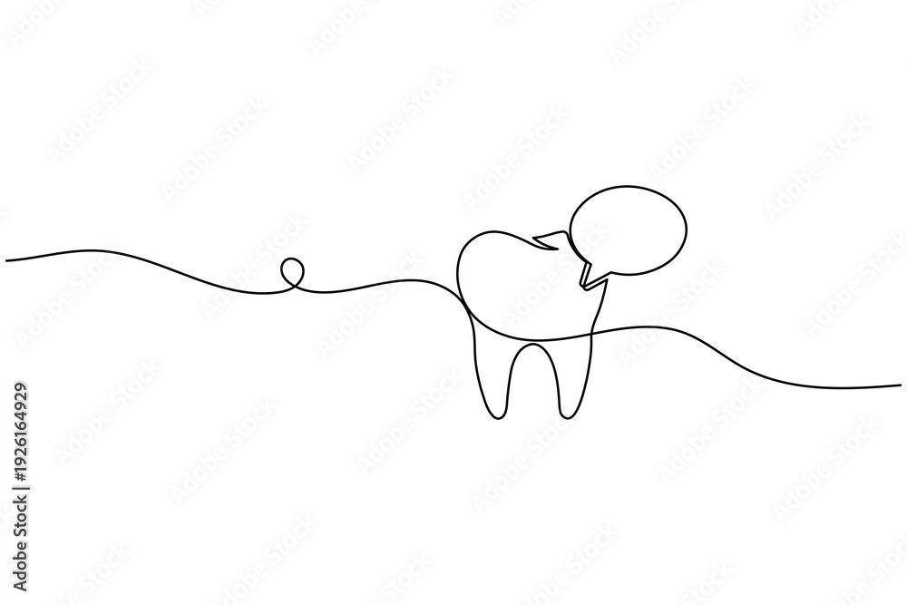 Obraz premium Tooth with Speech Bubble Continuous One Line Drawing Dental Consultation Dentist Communication Icon Vector