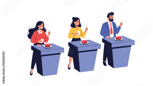 Three enthusiastic contestants, two women and one man, participating in a quiz show, poised to press their buzzers for answers.