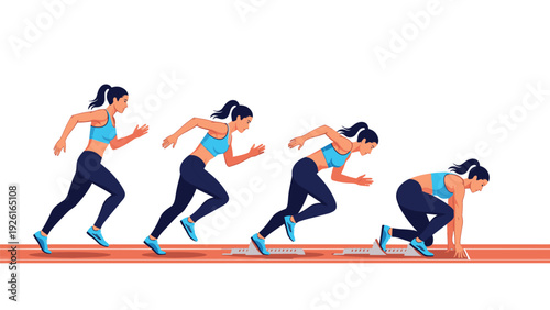 Dynamic sequence illustrating a woman runner's acceleration from starting blocks, depicting the stages of a powerful sprint.