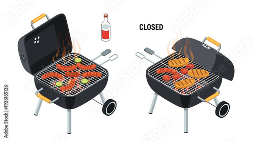 Two barbecue grills, one open and one closed, cooking sausages and other delicious foods, with a bottle of sauce nearby.
