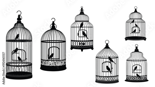 Collection of diverse bird cages in silhouette, some featuring birds, symbolizing freedom, captivity, and domestic pets.