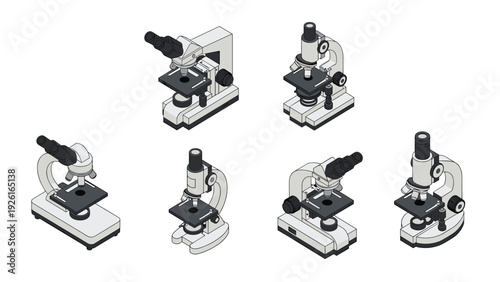 Collection of isometric microscopes from various angles, representing scientific research, laboratory work, and discovery.