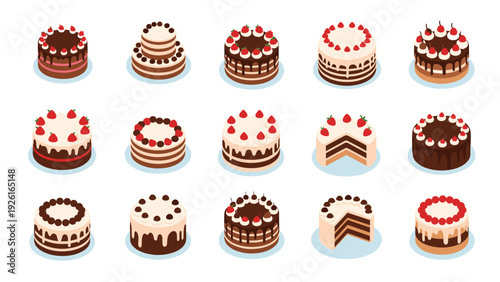 Delicious collection of various isometric cakes, featuring different flavors and festive decorations, perfect for celebrations.