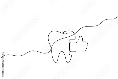 Healthy Tooth Thumbs Up Continuous One Line Drawing Dental Success Approval Oral Health Concept Vector