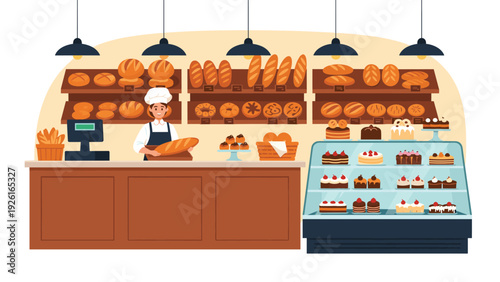Cheerful baker proudly stands behind the counter in a bustling bakery, surrounded by an abundant display of fresh bread, cakes, and pastries.