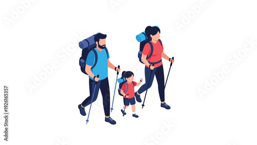 Happy family of three, a father, mother, and child, enjoying a hiking adventure with backpacks and trekking poles on a nature trail.