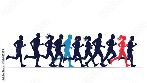 Silhouettes of a diverse group of people running in unison, with some individuals highlighted in blue and red, symbolizing competition or team.